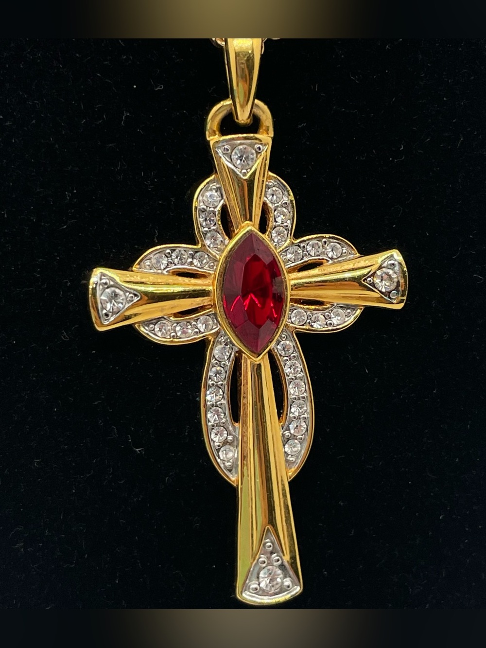 Vintage JBK Jacqueline Kennedy Ruby Celtic Cross Pendant On Nolan Miller Chain